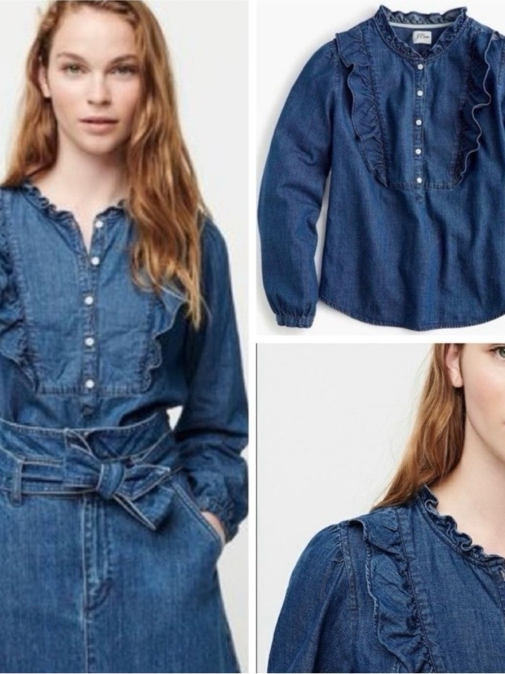 J. Crew Denim Ruffle Bib Popover Long Sleeves Top Preppy Size Small - Picture 9 of 9